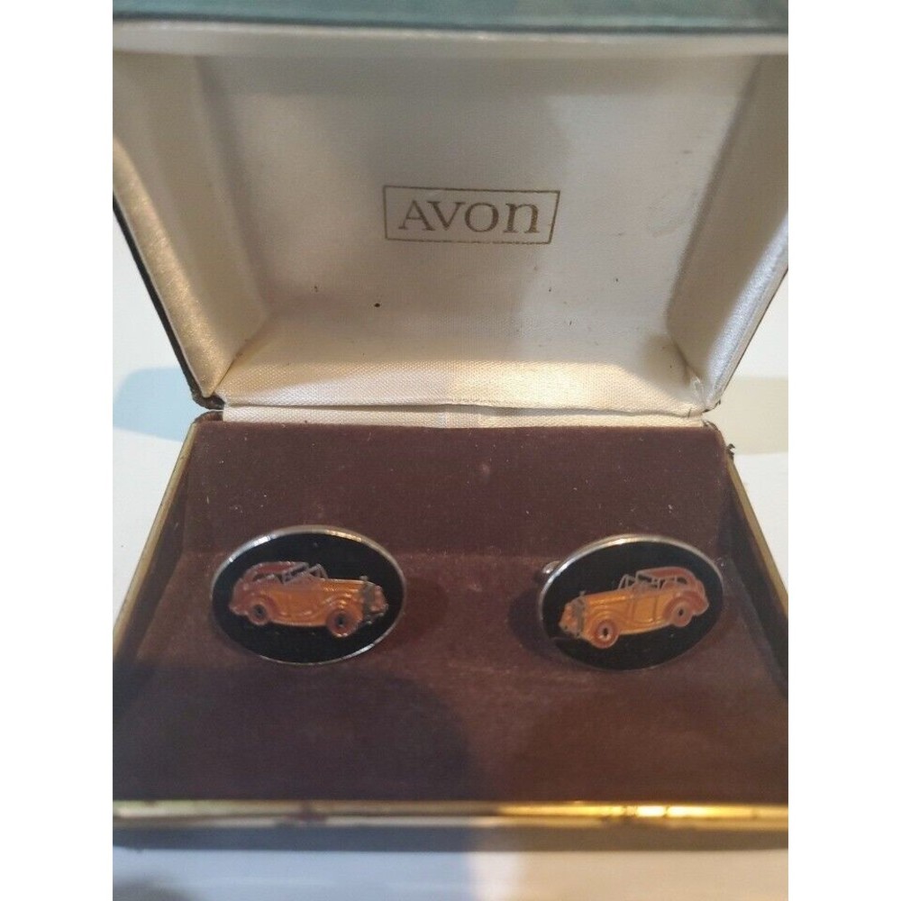 Vintage Avon Rolls-Royce Car Auto Cuff Links Oval Enameled Cufflinks w Case
